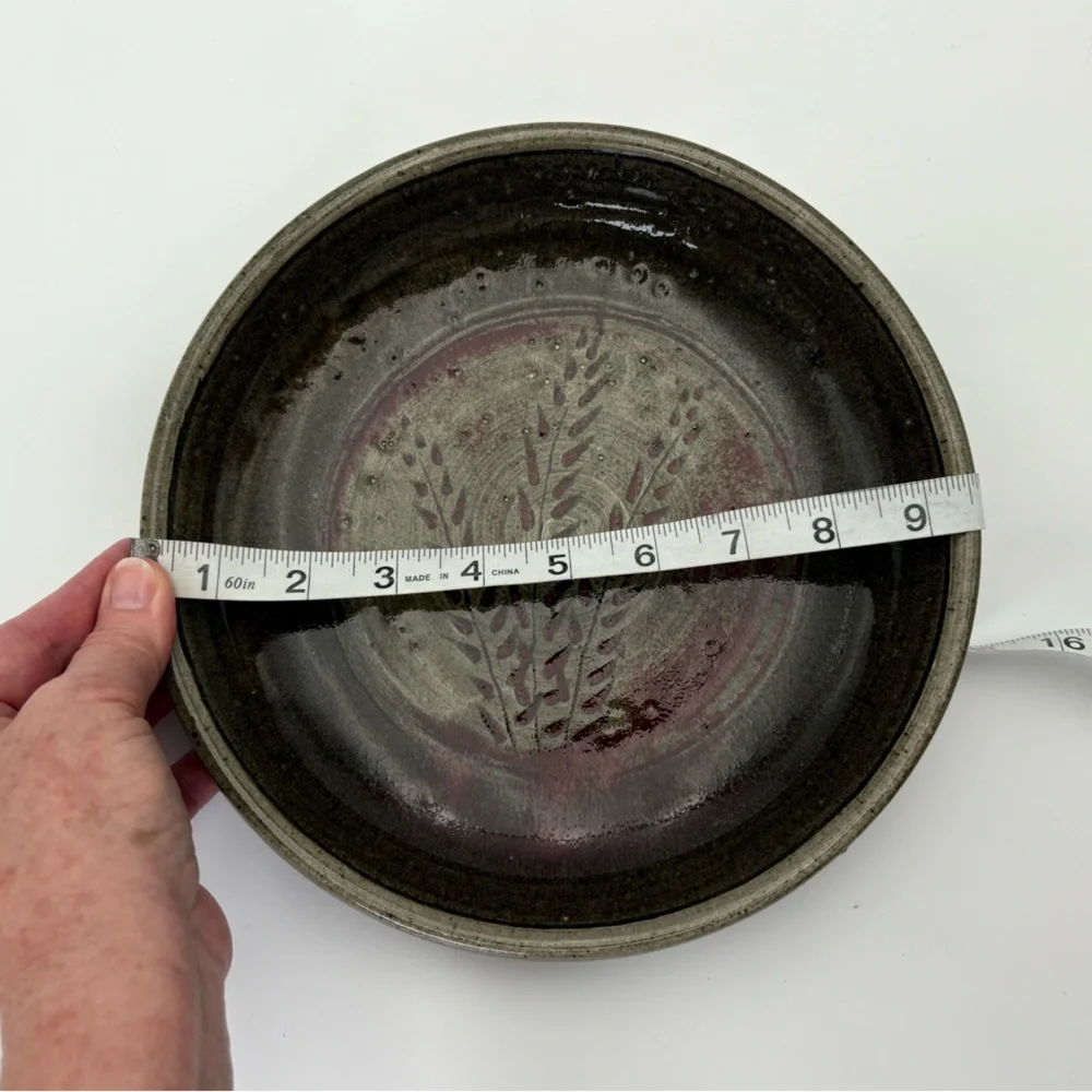 Signed Handcrafted Pottery  Plate with Dark Red Wheat Design on Gray-Green